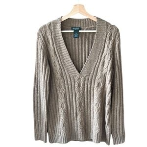Eddie Bauer Sz L Camel V Neck Cable Knit Sweater Wool Alpaca